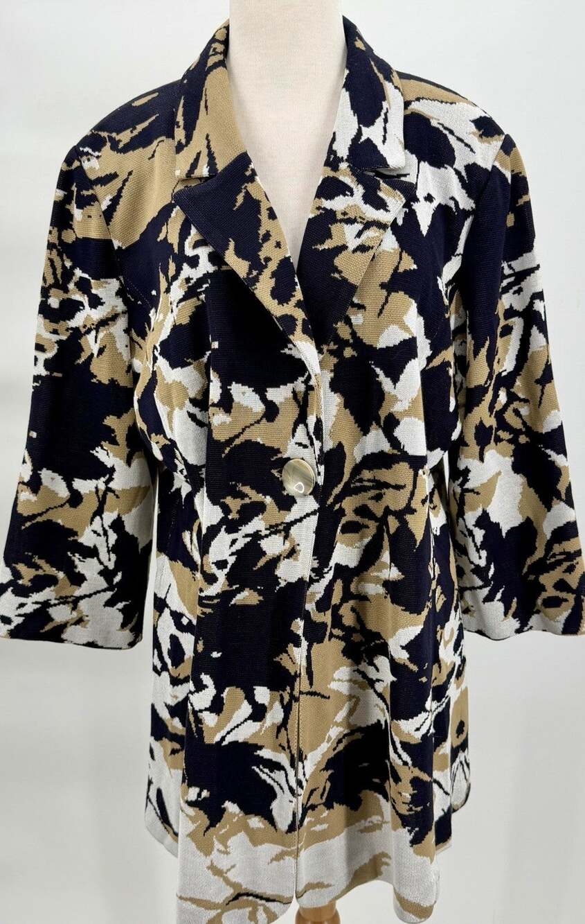Exclusively Misook Knit Jacket Abstract Floral Black Gold White Button Blazer XL